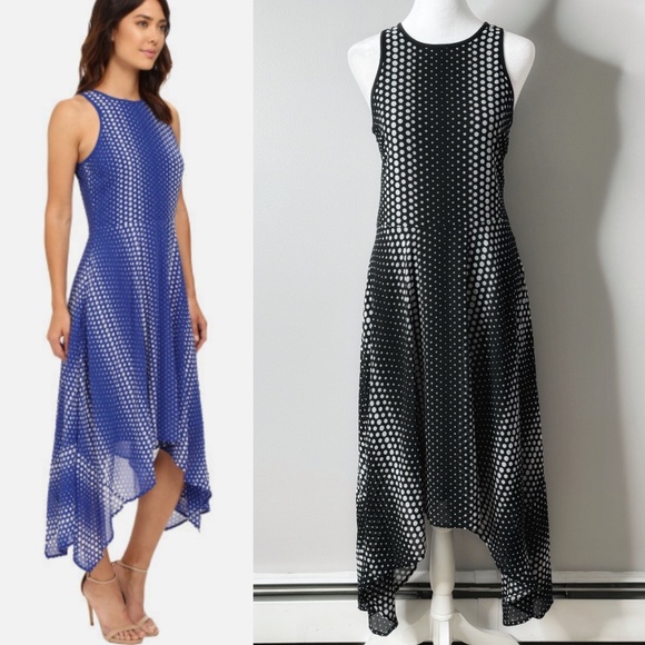 Michael Kors Georgette Dress Handkerchief Hem Black White Ombre Dot Print Size 2 - Picture 1 of 16